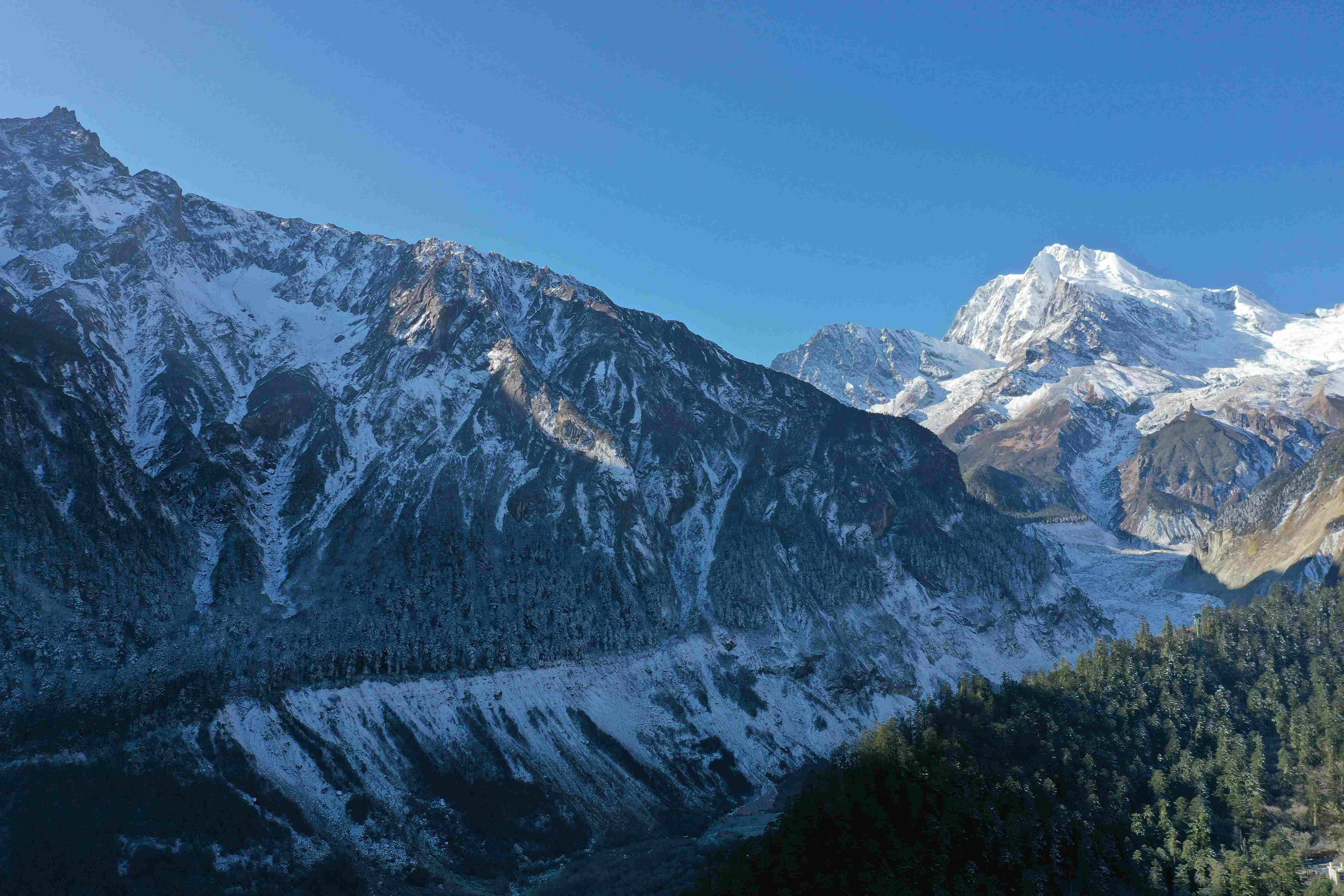 Scenic view of snow-dusted rocky mountains and dense green pine forests along the Manaslu trekking trail.