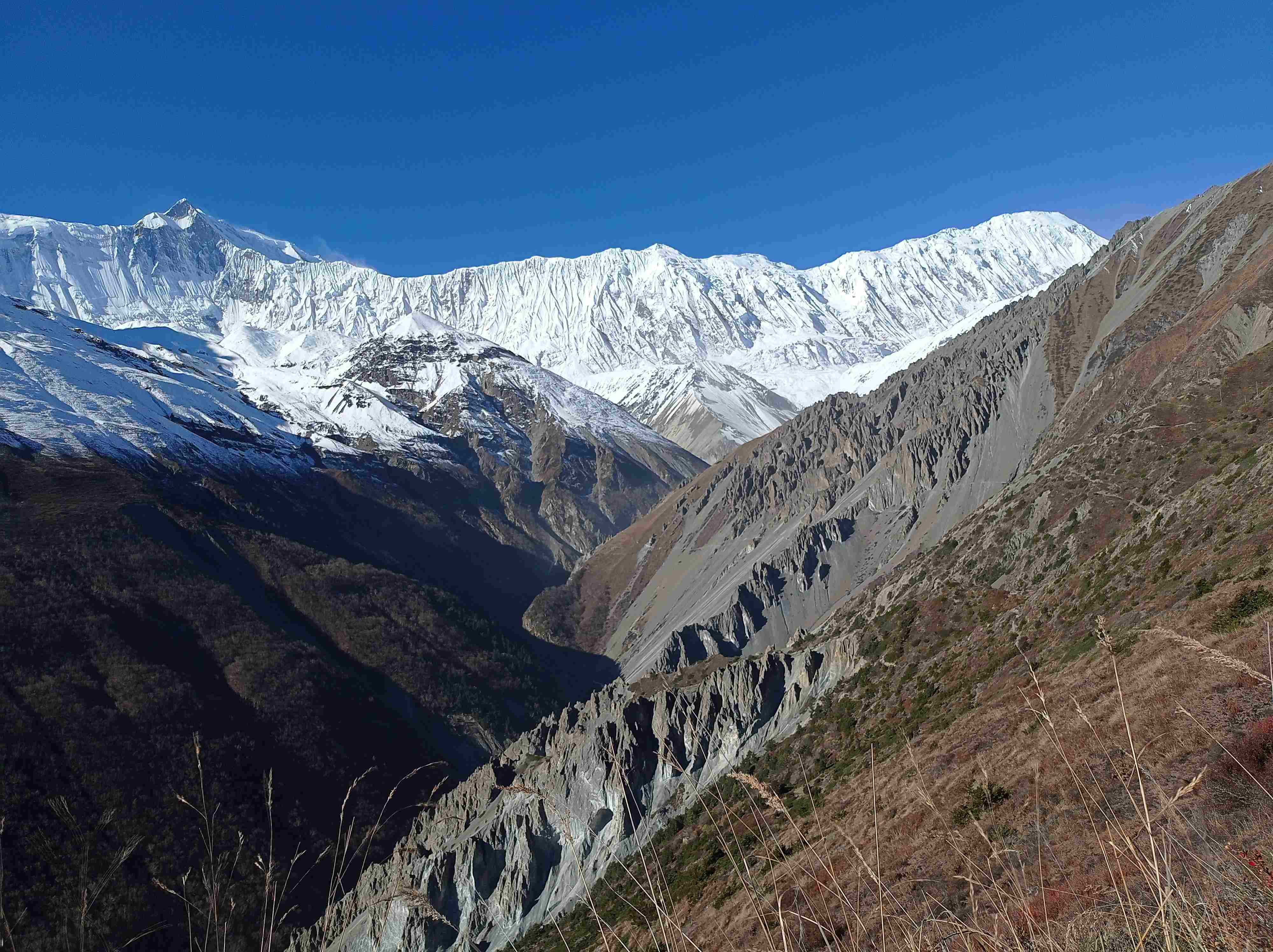 A scenic view of a deep Himalayan valley with a river winding through it, flanked by brown hills and snow-covered mountain peaks under a blue sky.