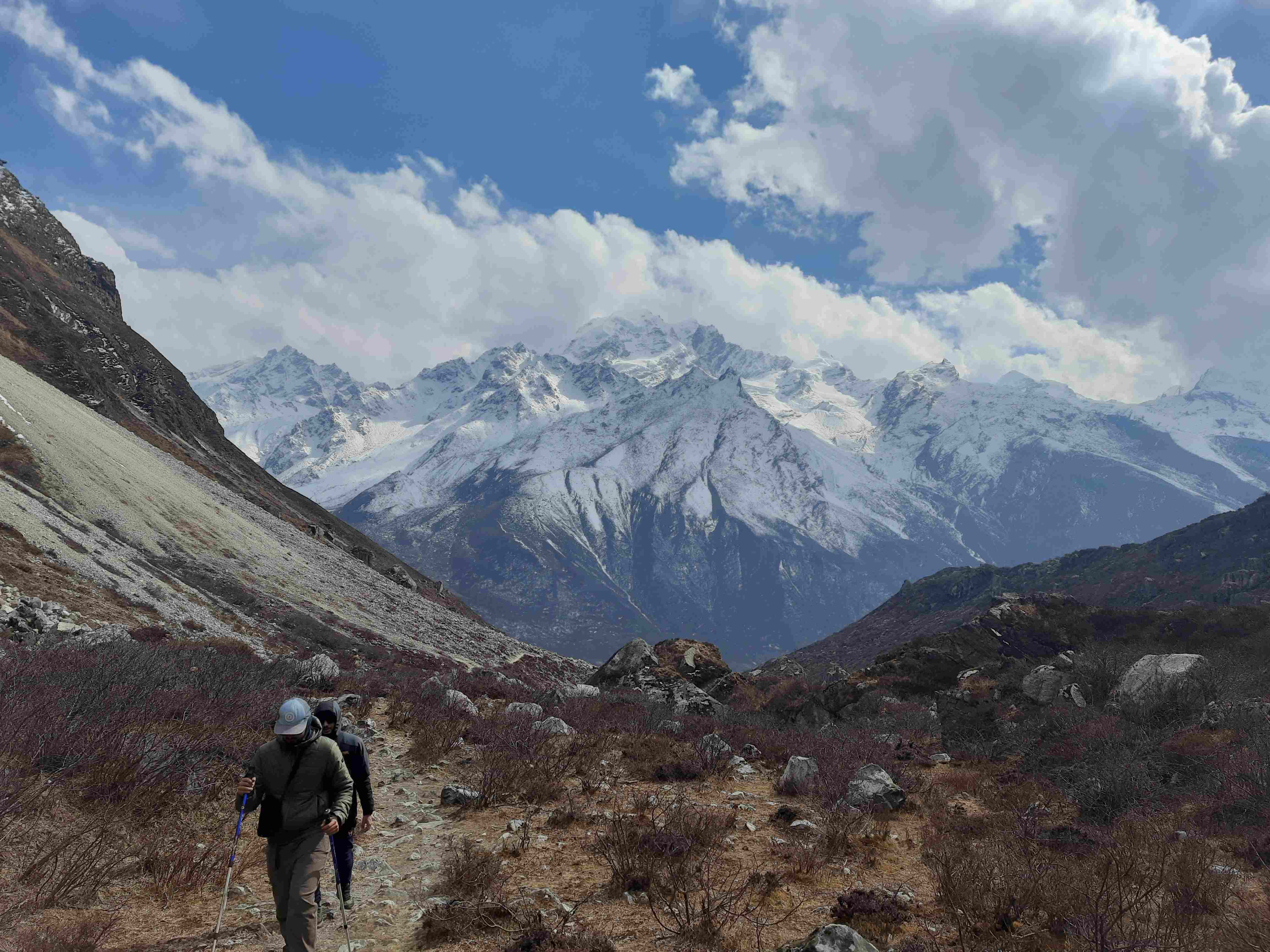 Trekkers hiking on the remote and rugged mountain trail of Kanchenjunga Circuit Trek in Nepal 