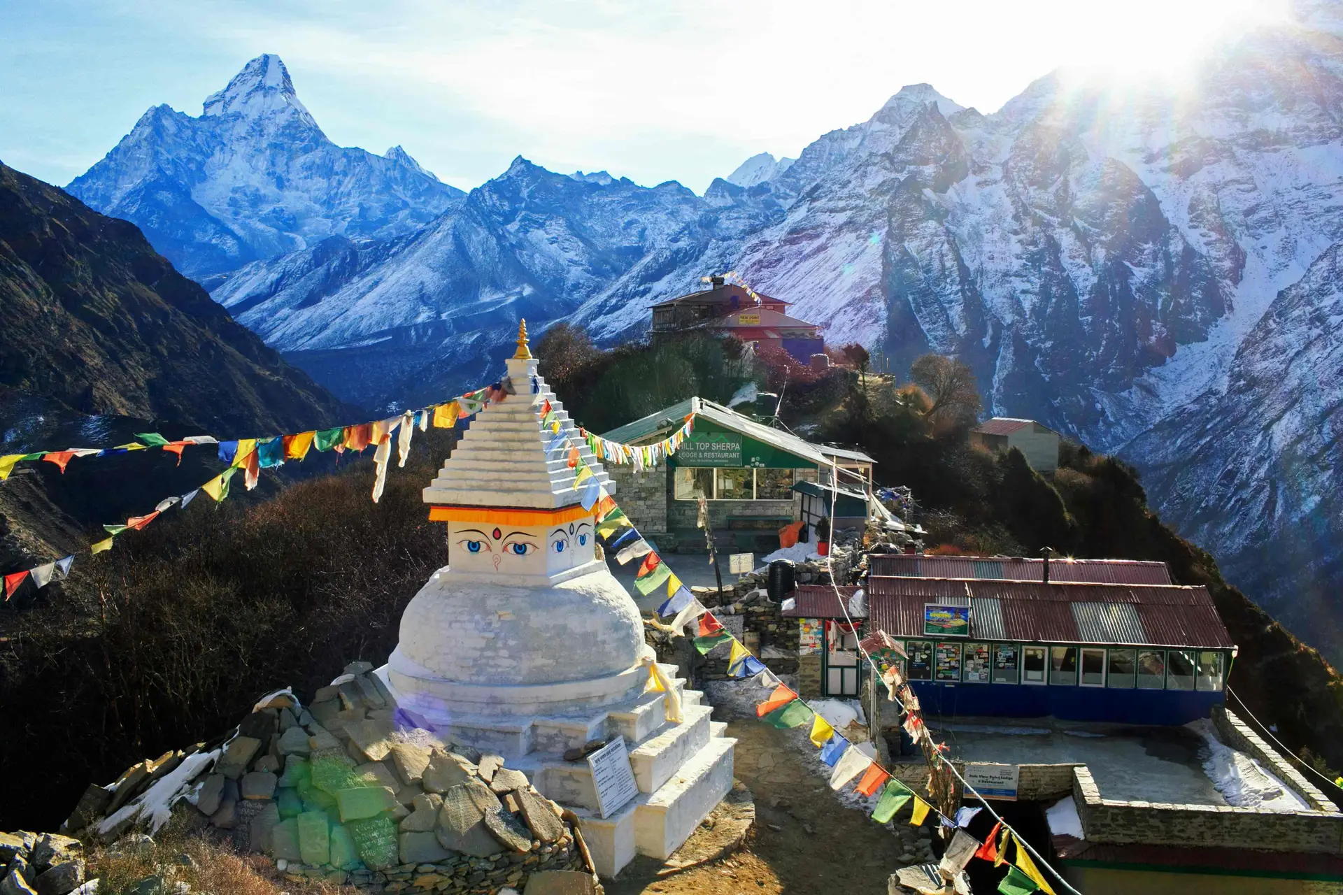 Tengboche Monastery on Everest Base Camp Trek Nepal surrounded by Himalayan snow peaks scenic view