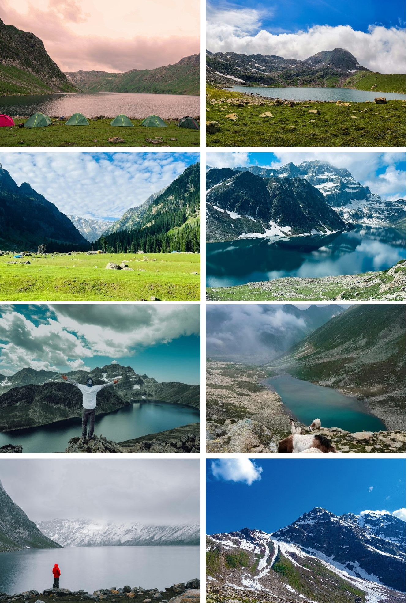 Collage of scenic mountain lakes, snow-capped peaks, and tents during a Himalayan trek.