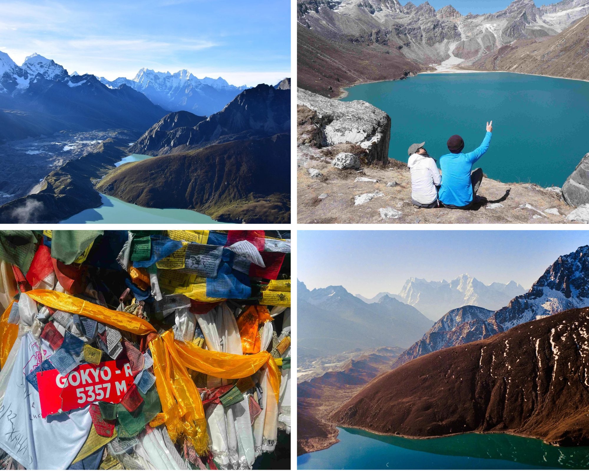 Collage showcasing the Gokyo Lakes Trek scenery, Gokyo Ri summit sign, and trekkers in the Everest region.