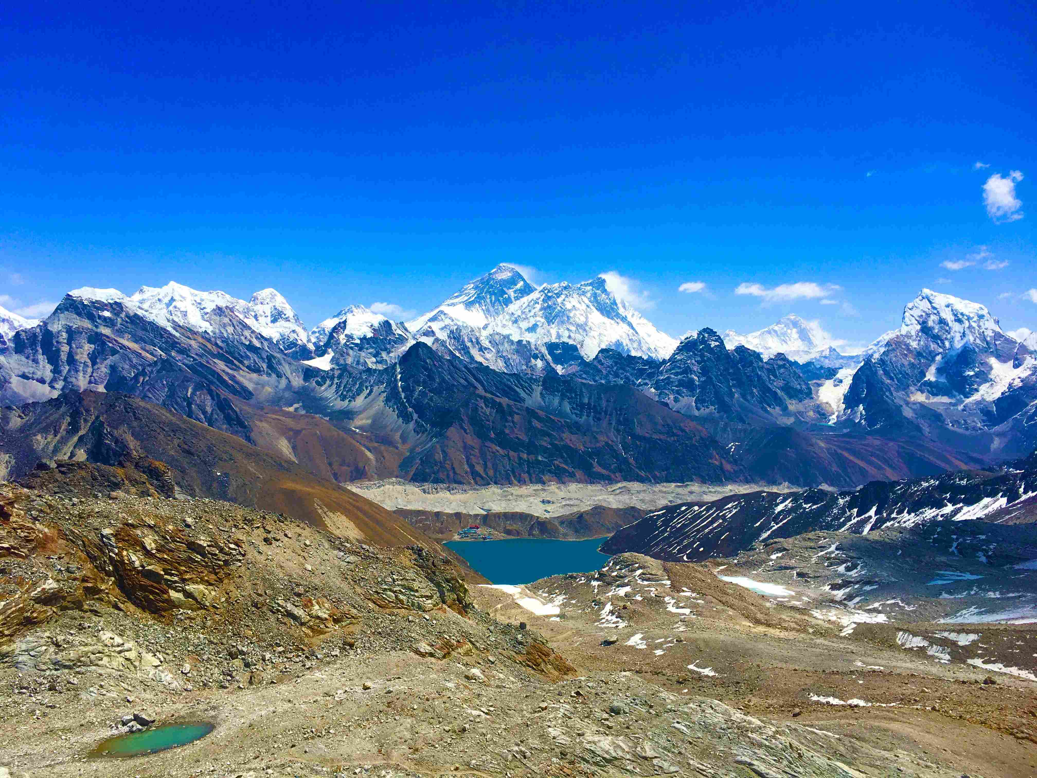 Panoramic view of Himalayan peaks above Gokyo Lakes during trekking in Nepal.