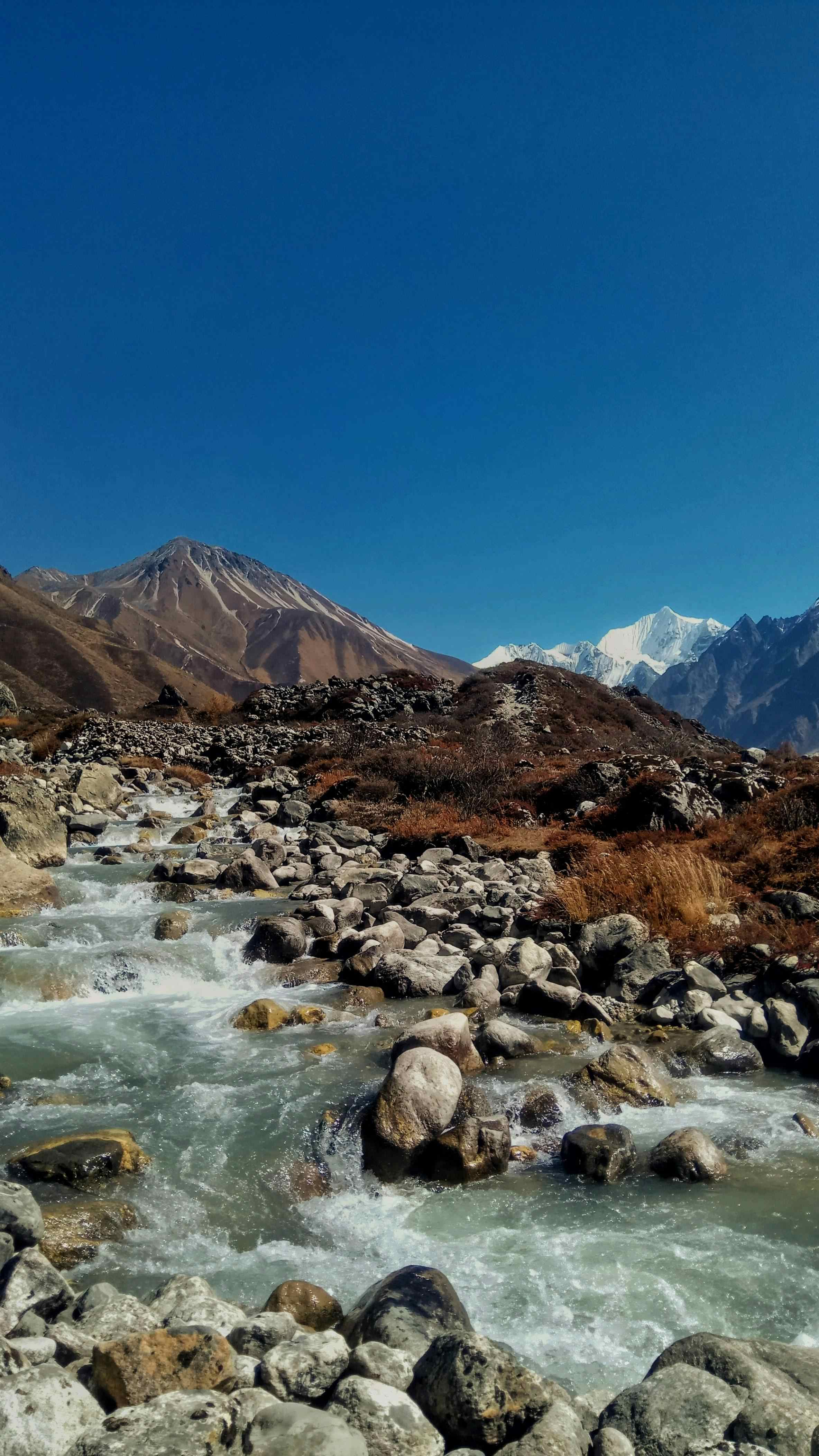 Crystal clear mountain river flowing through the rugged terrain of the Langtang Valley.