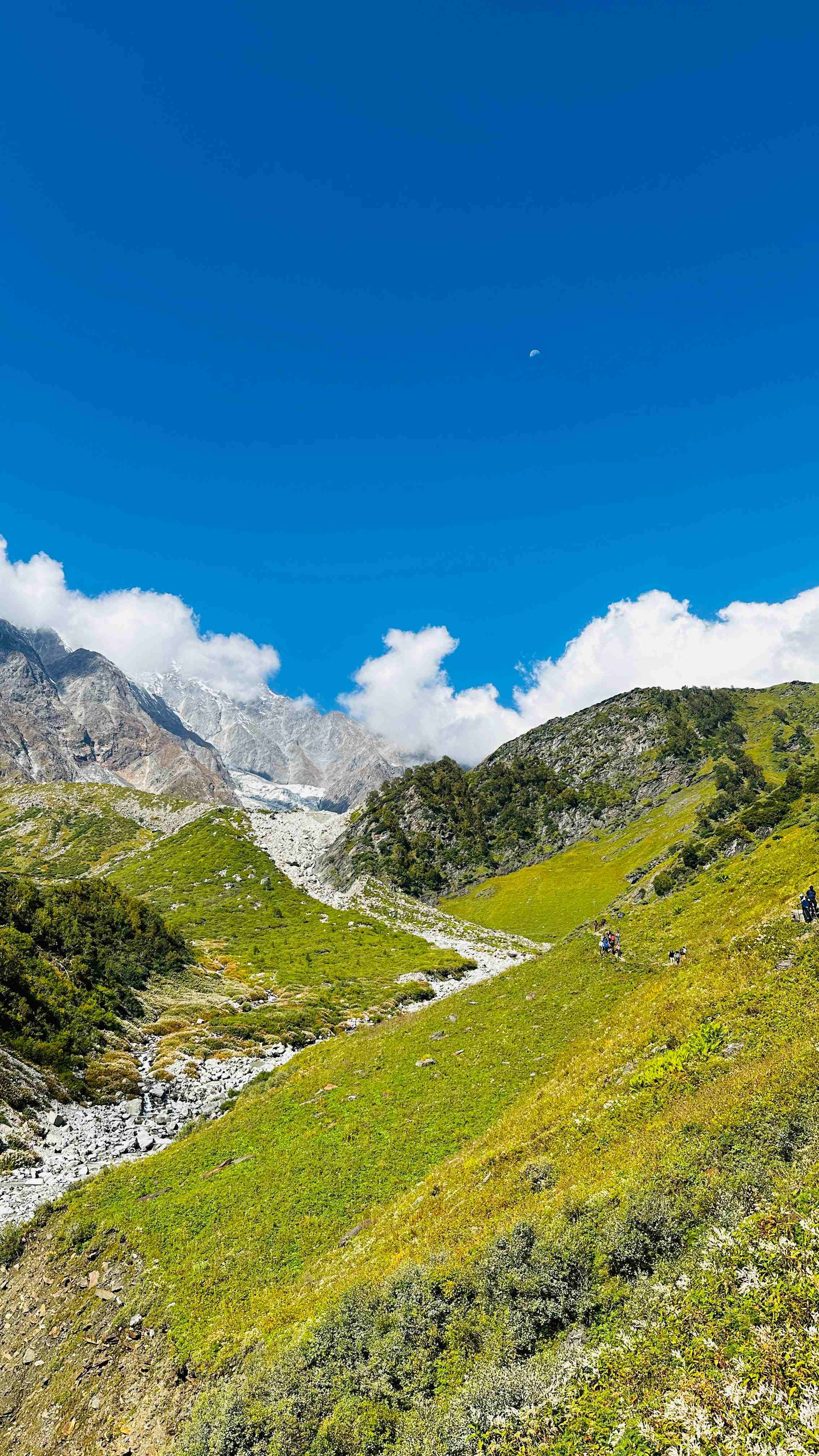 A wide panoramic view of a lush green mountain valley under a clear blue sky, Hampta Pass route.