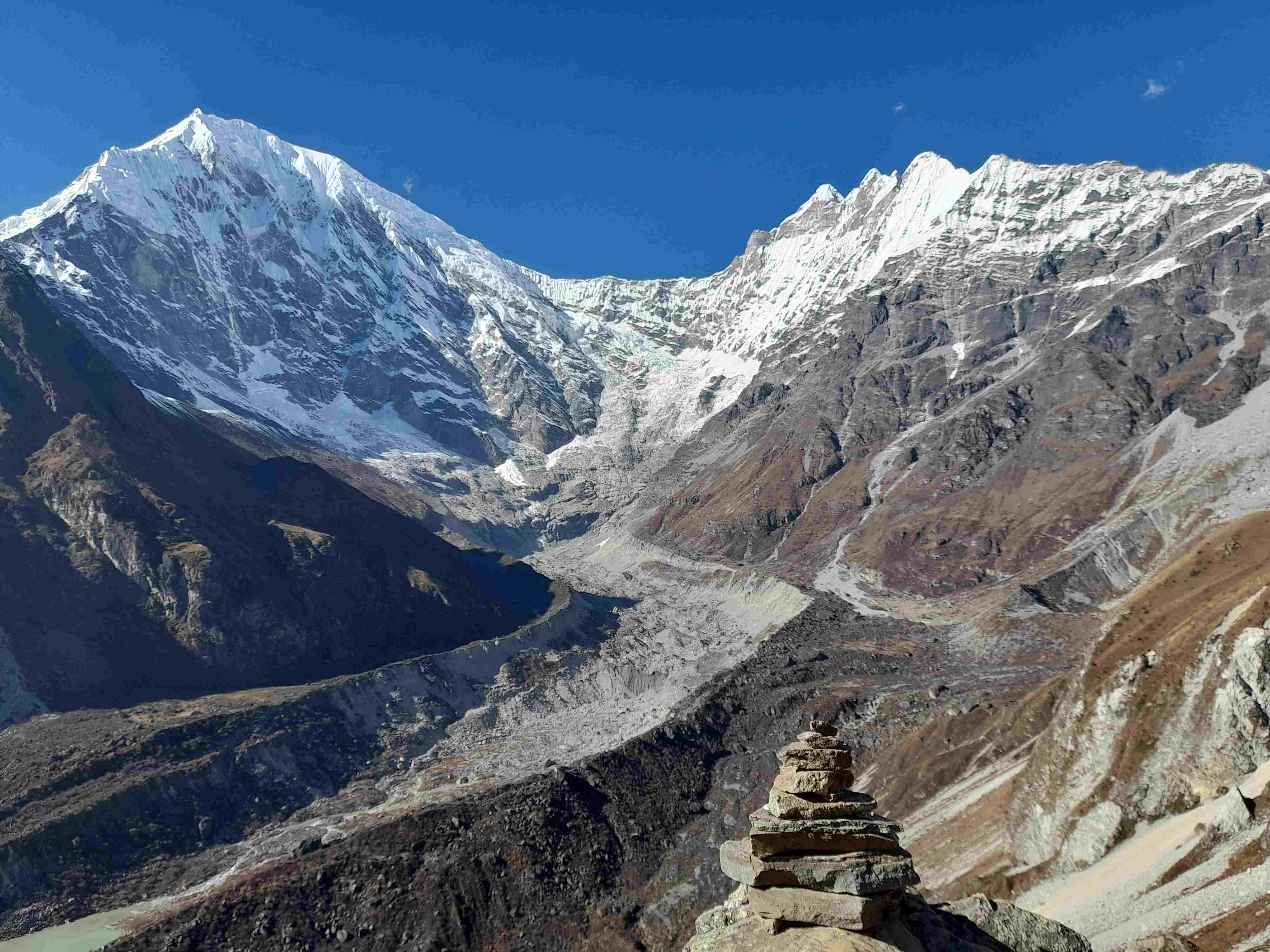 Dramatic glacier views and mountain scenery along the Langtang Valley trekking route.